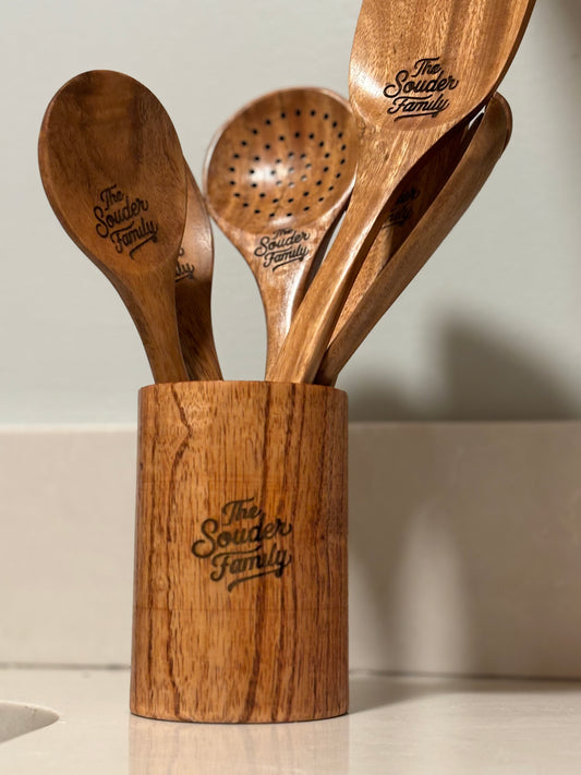 Personalized Wooden kitchen utensils with holder.