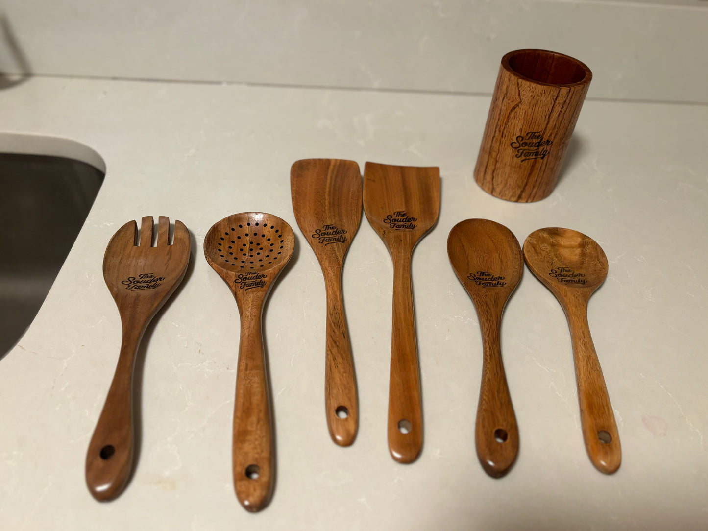 Personalized Wooden kitchen utensils with holder.