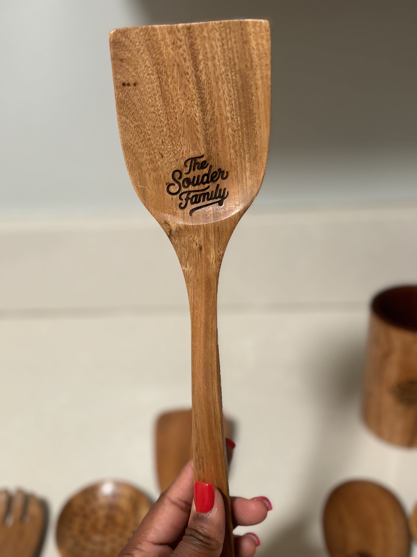 Personalized Wooden kitchen utensils with holder.